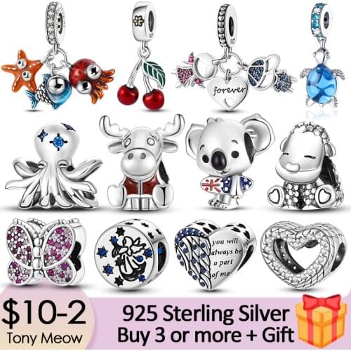 925 Sterling Silver Turtle Elephant Snake Fox Dangle Charm Footprint Woof Bulldog Beads Fit Original Pandora Bracelet Jewelry