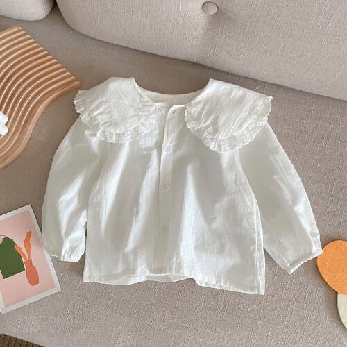 Halilo Girls Long Sleeve Tops And Blouses Cotton White Solid Color Peter Pan Collar Princess Birthday Shirts Autumn Kids Tops