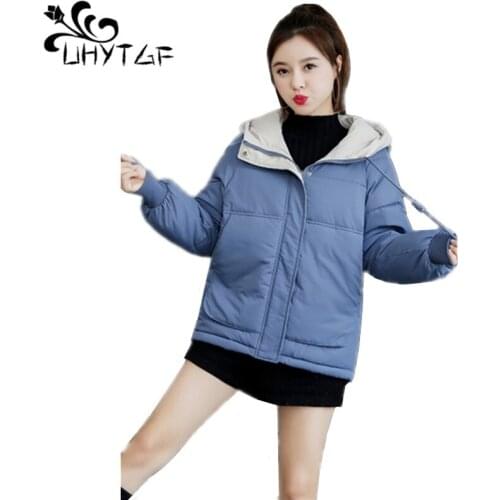 UHYTGF Womens Down Jacket Winter warm Thicken Coats Plus Size Hooded Parka Womens cotton Outwear Female Down cotton Coats X482