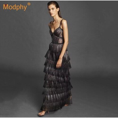 High quality 2021 fashion long dress sexy V-neck sleeveless cascading ruffled spaghetti dress Celebrity Evening party Vestidos