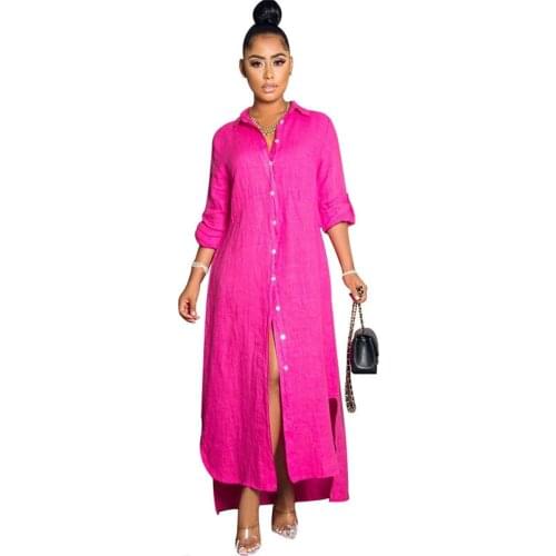 Summer Long Shirt Dress Women Turn-down Collar Side Split Button Maxi Dress Streetwear Straight Loose Casual Long Dress Vestidos