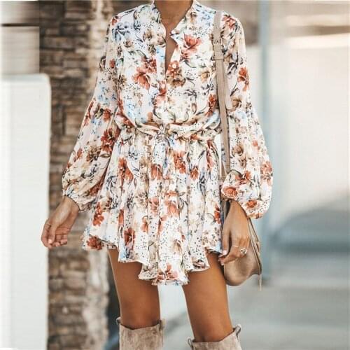 Women Dresses Irregular Hem Dress Spring Fashion Vintage Flower Printed Casual Suit Collar Lantern Sleeve Button Mini Slim Dress
