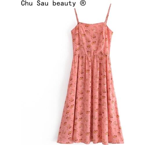 New Summer Streetwear Style Floral Printed Midi Dress Women Pink Chic Sleeveless Sling Dresses Female Chiffon Sexy Party Dress