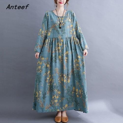 Anteef long sleeve cotton vintage floral dresses for women casual loose woman summer spring autumn dress elegant clothing 2021