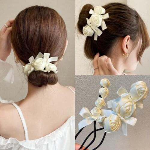 2021 Fashion Womens Girls Magic Hair Snap Easy Curls Bun Styling French Twist Maker White Flower Scrunchies Headbands Headdress