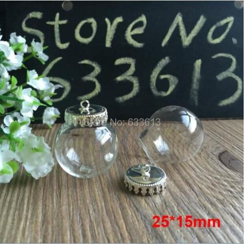 Free ship 100sets/lot 25*15mm glass globes & 15mm silver crown base with ring findings set glass bubble orbs DIY vial pendants