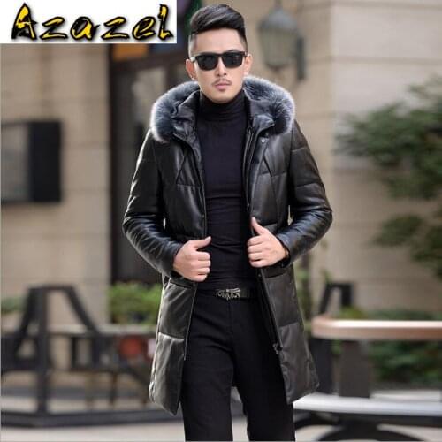 Free shipping Brand Mens Winter New leather jacket Men Korean Slim Long Windbreaker Fashion male Hooded fox fur collar Outwear