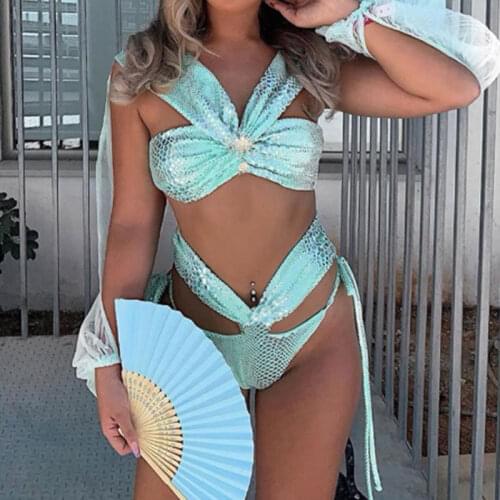 Green Snake Print Bikini 2020 Women High Neck Cross Neck Sequins Bikini Set Diamond Bandage Bathing Suit High Waist Swimsuit