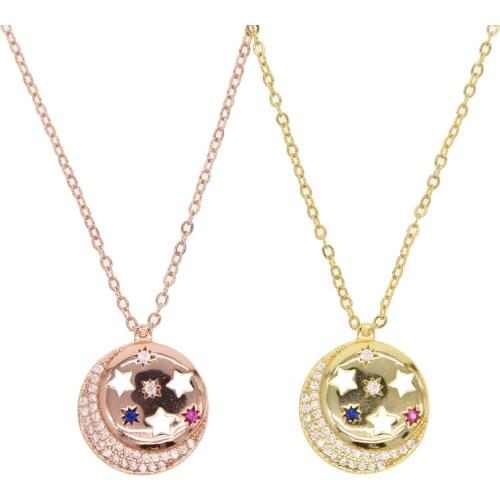 Gold Rose Gold Color Cubic Zirconia Paved Round disk disco engraved Moon Star collarbone Chain Necklace for Women Gift Jewelry