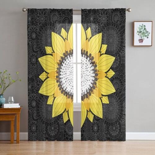 Sunflower And Mandala Black Sheer Curtains for Living Room Bedroom Kitchen Tulle for Windows Voile Drapes Home Decoration