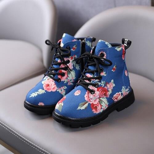 Children Rubber Boots 2021 New Autumn Flower Print Girls Martin Boots Toddler Fashion Sneakers Kids Cloth Ankle Boots