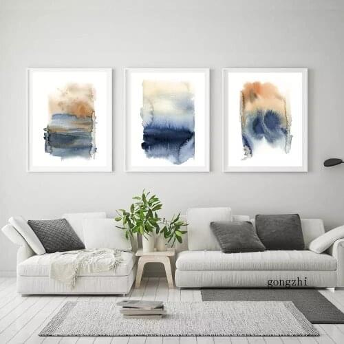 Blue Amber Modern Personality Abstract Watercolour Paintings Wall Art Prints Canvas Posters Pictures for Living Room Home Decor