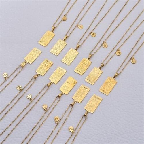 HIYONG Gothic 12 Constellation Necklace Stainless Steel Square Pendant Necklace Gold Color Card Chain Necklaces Vintage Jewelry
