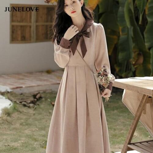 JuneLove Autumn French Midi Dress Women 2021 New Vintage Elegant Ladies Bow Long Sleeve Dresses Casual Street Lady Party Dress