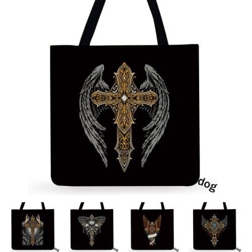 Art style Cross symbol of christianity skull linen Casual Tote Foldable Shoulder Shopping Bag Bag Reusable Women Beach Bag
