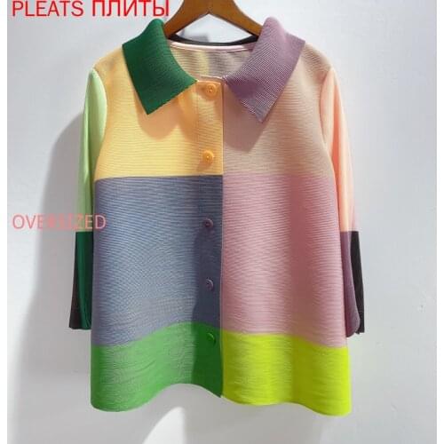 Miyake Pleated Colorblock Single-breasted Coat Pleats Veste Femme Ropa De Mujer Chaqueta Mujer Vetement Femme