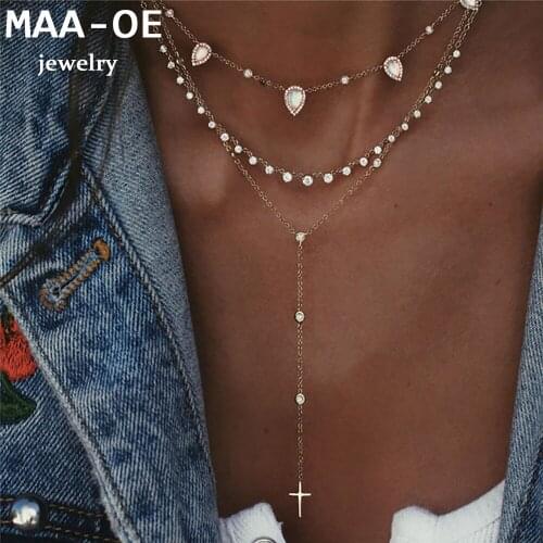 Fashion Gold Crystal Water Drop Cross Pendant Necklaces For Women Necklace Multilevel Female Boho Vintage Jewelry Wedding Gift