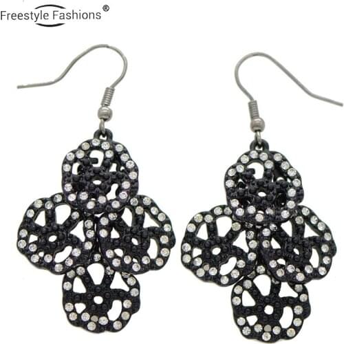 Fashion trendy plant flower glass stone Zinc alloy drop earrings for women
