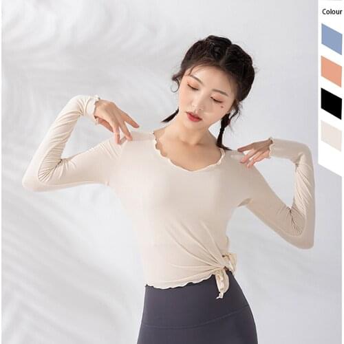 New Style Yoga Shirt Long Sleeves Solid Slim Flounce Sport Crop Top For Women Fitness Workout Gym Wear