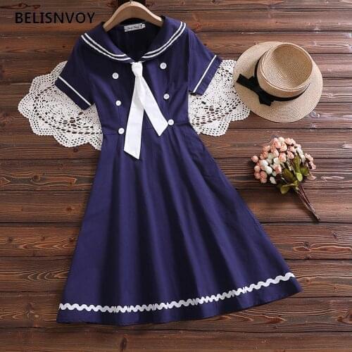 Harajuku Sailor Collar With Tie Dress Japanese Lolita Sweet Girl Retro Cotton Kawaii uniform Preppy Style Short Sleeve Dress