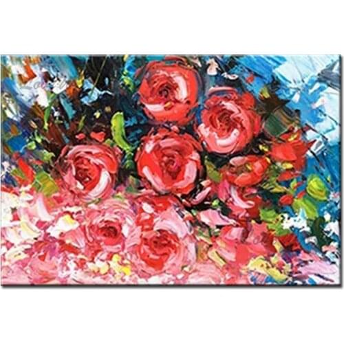 Modern Palette 3D Thick Canvas Knife Red Flower Oil Painting Wall Decor Art Handmade Home Wall Floral Paintings Artwork For Room