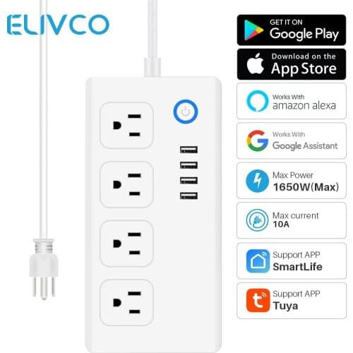 Tuya Wifi Smart Power Strip 10A US 4 Socket 4 USB Charging Ports Voice Control SmartLife APP Works With Alexa Google Assistant