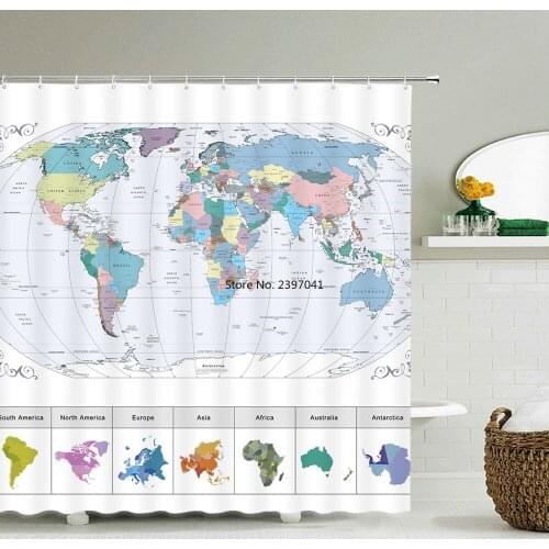 Waterproof World Map Bathroom Shower Curtain Bathroom Shower Curtain Super Long 180 * 200 cm 3D Shower Curtain Set