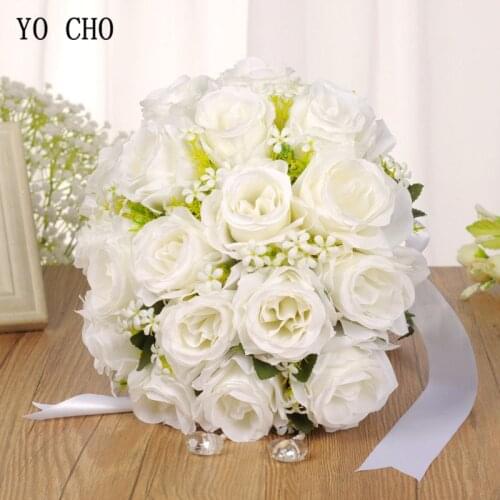 YO CHO Bouquet Bride Wedding Flower Artificial Silk Rose Bouquet White Fake Pearl Crystal Bridesmaid Party Prom Wedding Supplies