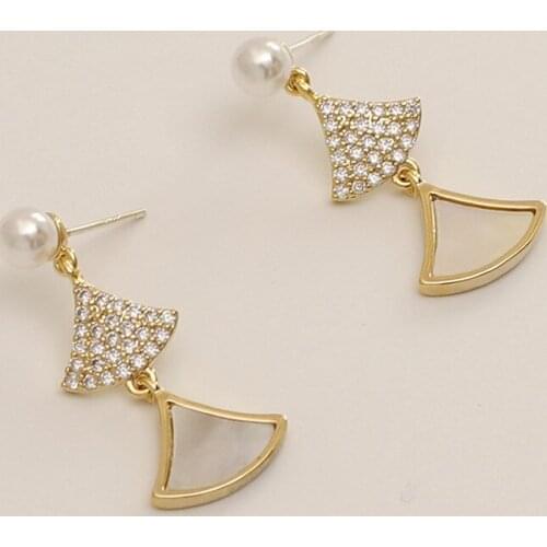 S925 Silver Ear Needle Stud Earrings Natural Mother Shell FanWith Zircon Brass 14kReal Gold Korea Jewelry for Women HYACINTH