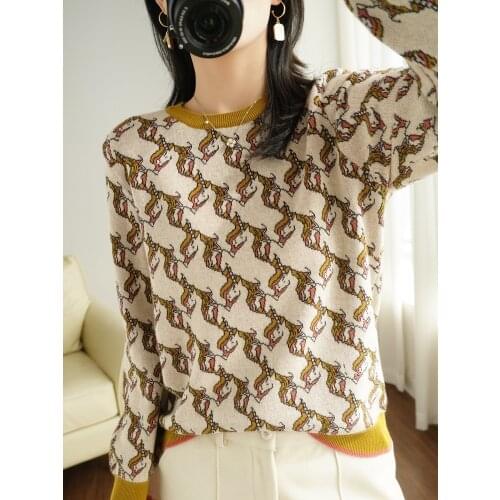 Cotton sweater womens o-neck bottoming shirt loose long-sleeved fashionable pattern knit pullover all-match sweater summer