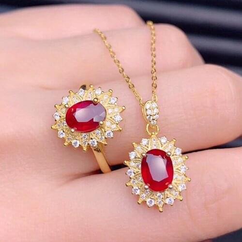VINTAGE RED CRYSTAL RUBY GEMSTONES DIAMONDS RINGS PENDANT NECKLACES FOR WOMEN GOLD TONE JEWELRY SETS BIJOUX PARTY ACCESSORIES
