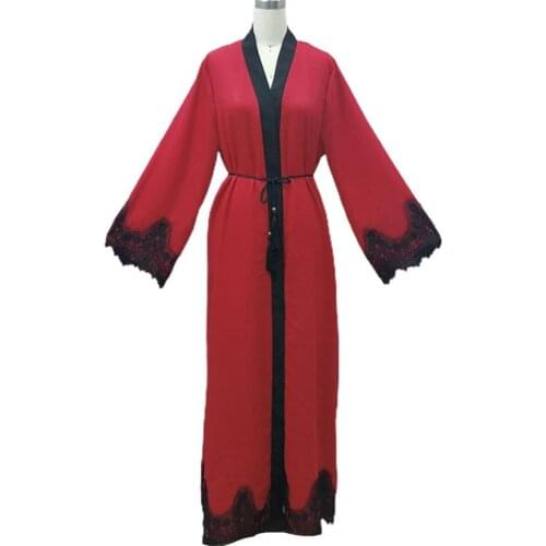 Women Dress Open Front Long Sleeve Lace Patchwork Belt Maxi Robe Cardigan Bandage Vintage plus size korean vestido de muje