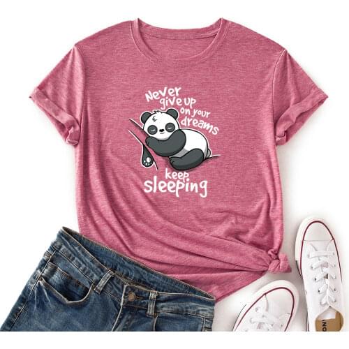 Women Crew Neck Short Sleeve Casual Summer T-shirts Never Give Up Panda Graphic Tee Shirts Tops Female Clothes Streetwear