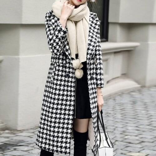 Houndstooth Wool Coat Women Long Elegant Double-breasted Lapel Collar Sashes Pocket Plaid Loose Autumn Winter holiday Outerwear