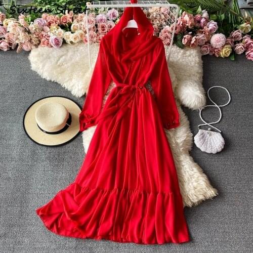 Maxi Dresses for Women Long Sleeve Chiffon Dress Female Red Ruffle Shirring Vintage Vestido De Mujer Y2k Clothing Women 2021