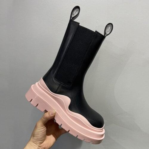 INS Platform Chelsea Boots Genuine Leather Round Toe Womens Short Boots All Season Party Shoes All-match Botas Femininas