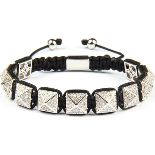Ailatu Luxury Men Micro Pave Clear CZ Silver Color Pyramid Braiding Bracelet Men Gift 10x10mm Top Quality