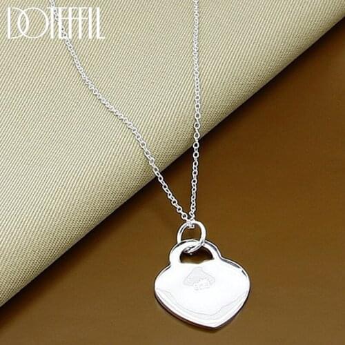DOTEFFIL 925 Sterling Silver 18 Inch Chain Heart Tag Pendant Necklace For Women Wedding Engagement Party Fashion Charm Jewelry