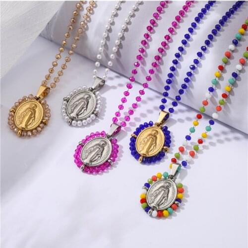 HECHENG,Pearl Christ Cross Pendant Necklace,Multi Stone Bead Stainless steel Virgiin Mary Jewelry,Wholesale Necklace