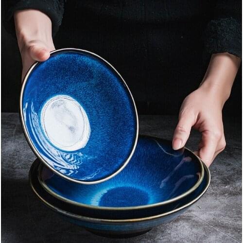 Blue Glaze Japanese Round Ceramic Big Noodle Bowl, Trumpet Bowl, Soup Bowl