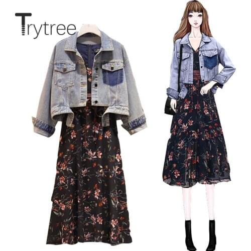 Trytree 2020 Spring Autumn Two piece set Casual Turn-down Collar Cowboy Coat Top + Dress A-line Print Belt Set 2 Piece Set