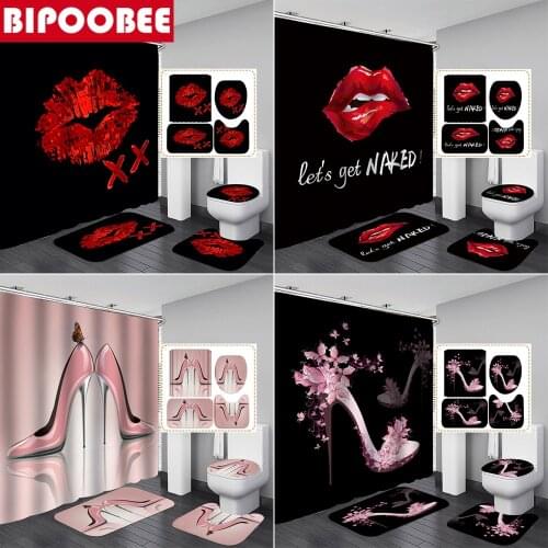 Red Lips Bathroom Curtain Set Pink High Heel Bath Mat Sets Shower Curtains with Hooks Black Non-Slip Pedestal Rug Toilet Cover
