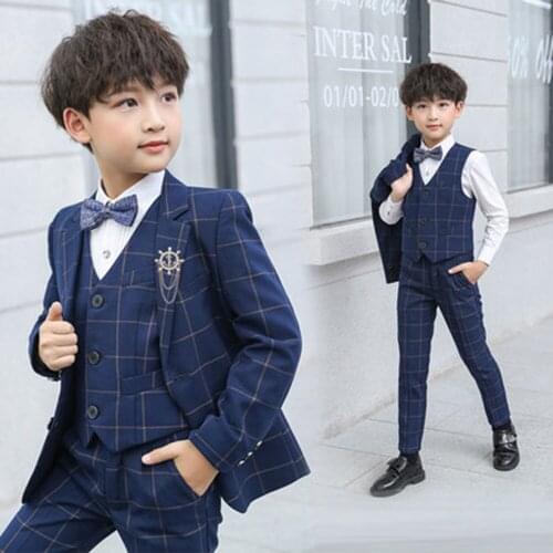 Spring/Autumn Plaid Blazer Tuxedos Boy Suits Tailor-Made For Wedding Formal Children Kids Festive Check Jacket+Vest+Pants Newest
