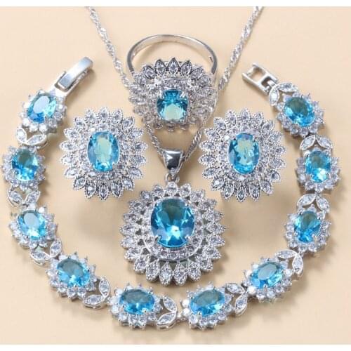 Best Selling New Product 925 Silver Flower Jewelry Sets Sky Blue CZ Crystal Clip Earrings Ring Bracelet Necklace Sets For Women