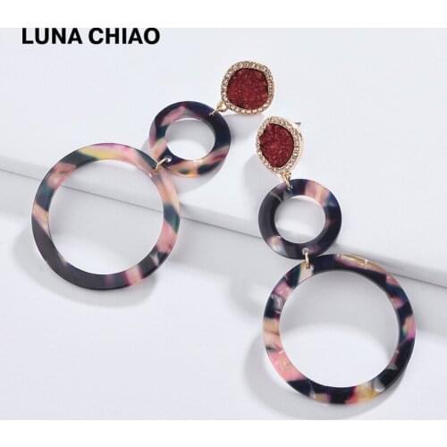 LUNA CHIAO Fashion Jewelry Fancy Colorful Druzy Lucite Acrylic Resin Double Circles Drop Earrings for Women