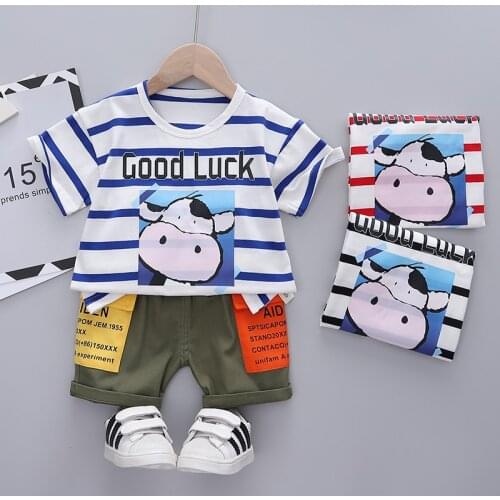 Cute Toddler Boy/Girl Summer Set 2021 New Cartoon Cow Cotton Stripe T-Shirt + Shorts 2pc Casual Costume Infant Kids Tracksuits