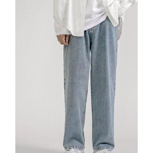 Men Straight Mid Rise Wide Leg Jeans Multi Pockets Solid Color Hip Hop Denim Pants Soft Skin-friendly Streetwear