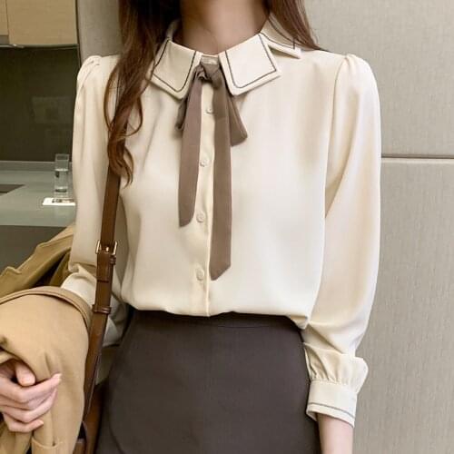 New fashion Women clothing Korean Office lady Tops Long sleeve Bow tie Chiffon blouse shirt blusa feminina