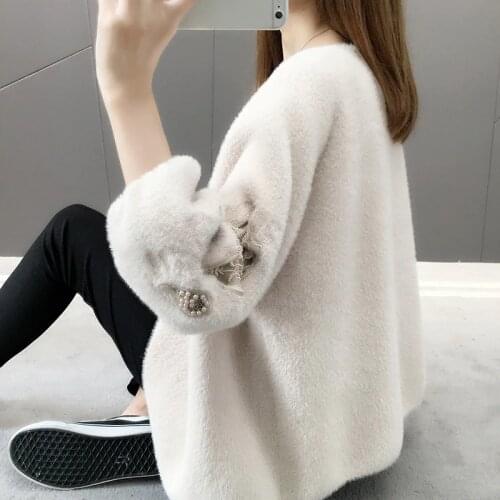 New Autumn Knit Sweater Jacket Women Lantern Sleeve Embroidery Sweater Tops Womens Faux Mink Cardigan Spring Sweaters