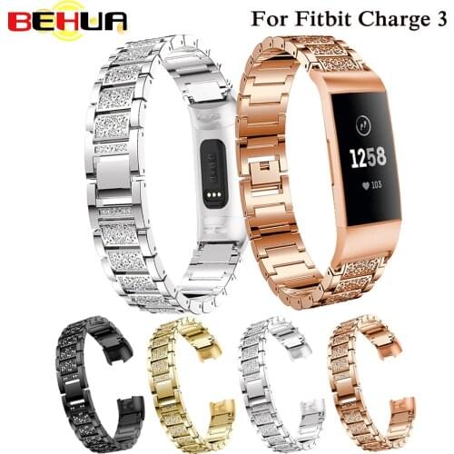 Watch Band for Fitbit Charge 3 Bands Replacement Stainless Steel Metal Wrist Strap Bling Rhinestone Bracelet for Fitbit Charge 3